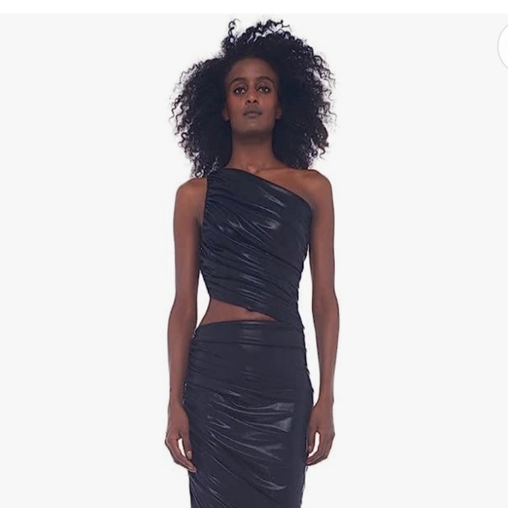 Bebe sexy faux leather cut out one shoulder side rooched bodycon